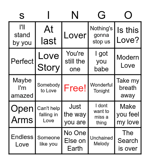 LOVE SINGO GAME 1 Bingo Card