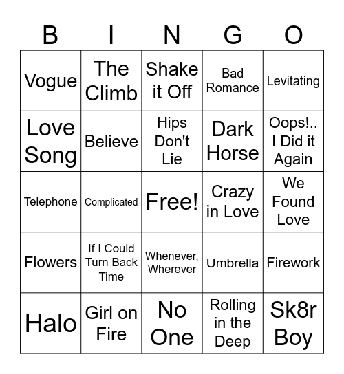 Female Pop Singer Hits Bingo Card