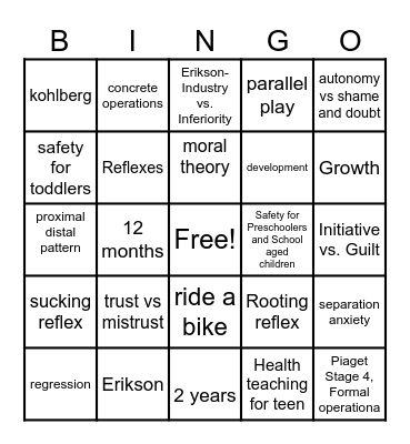 Growth and Development Bingo Card