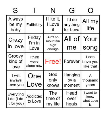 LOVE SINGO GAME 2 Bingo Card
