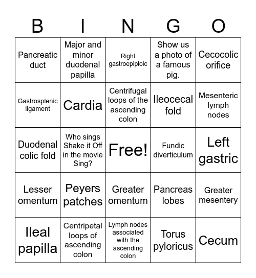 Pig GI Bingo Card