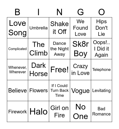 Female Pop Singer Hits Bingo Card