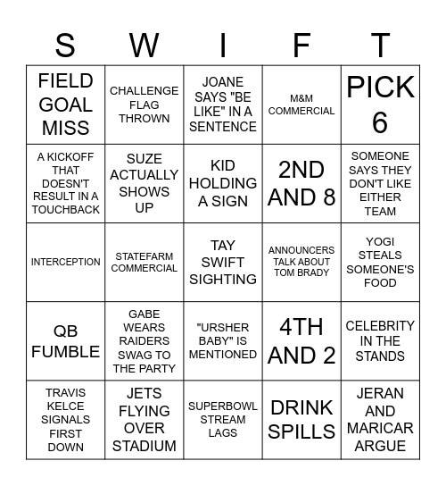 SUPER BOWL BINGO Card