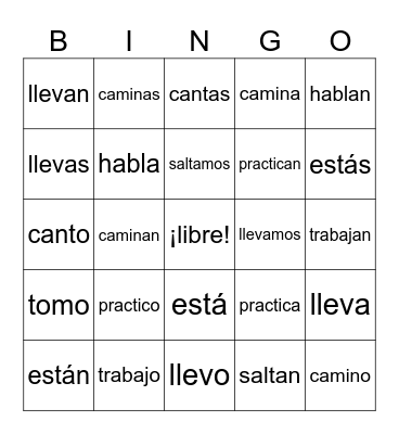 Conjugate -ar verbs Bingo Card