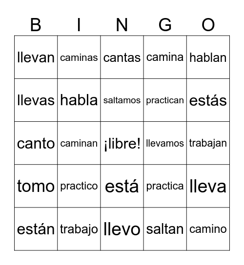 Conjugate -ar verbs Bingo Card