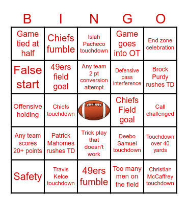 49ers vs Chiefs Super Bowl Bingo Card