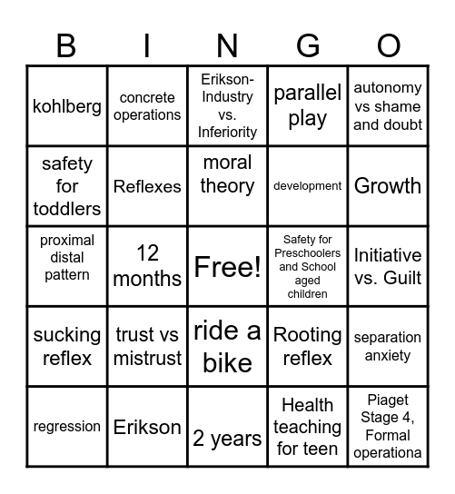 Growth and Development Bingo Card