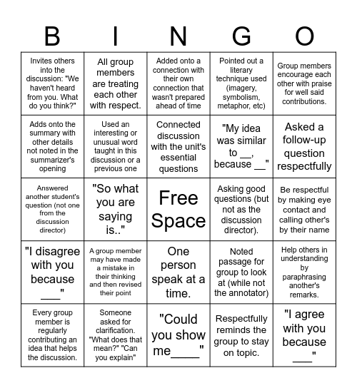 Group Discussion Bingo Card