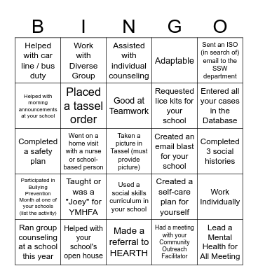 School Social Work Week Bingo Card