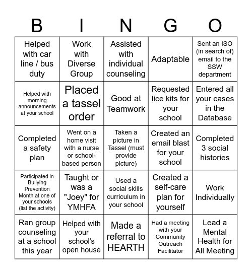 School Social Work Week Bingo Card