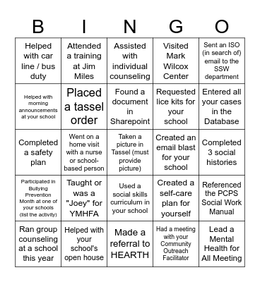 School Social Work Week Bingo Card