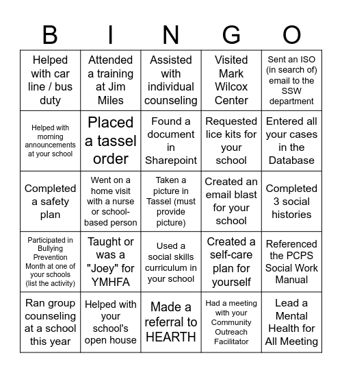 School Social Work Week Bingo Card