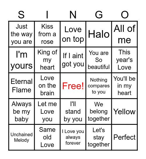 LOVE SINGO GAME 3 Bingo Card