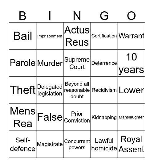 Legal Studies  Bingo Card