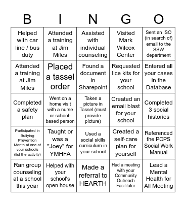 School Social Work Week Bingo Card