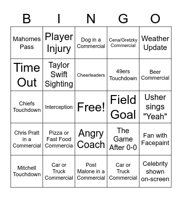 Superbowl 2024 Bingo Card