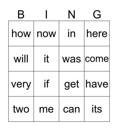 Sight Words Bingo Card