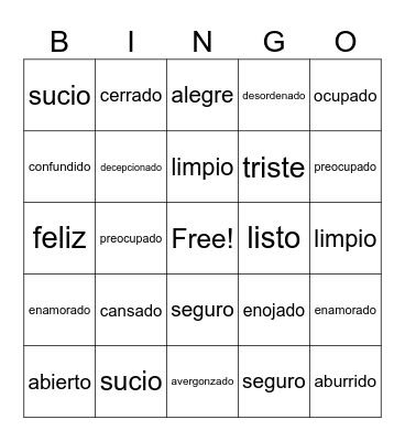 Emotions and Conditions Bingo Card