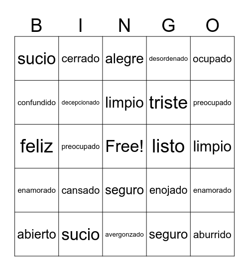 Emotions and Conditions Bingo Card