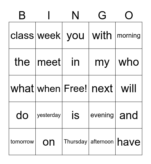 Daily Activities Unit Words Bingo Card