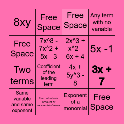 Polynomial Vocabulary Bingo Card