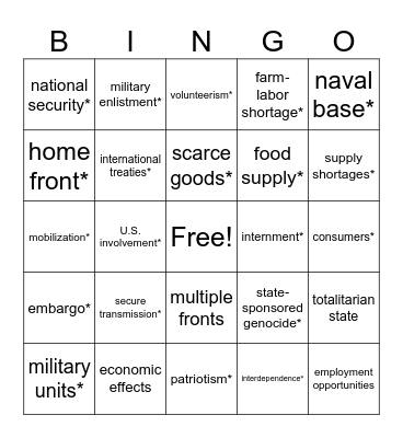 Academic Vocabulary --WWII Bingo Card