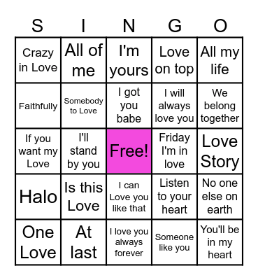 LOVE SINGO GAME 4 Bingo Card