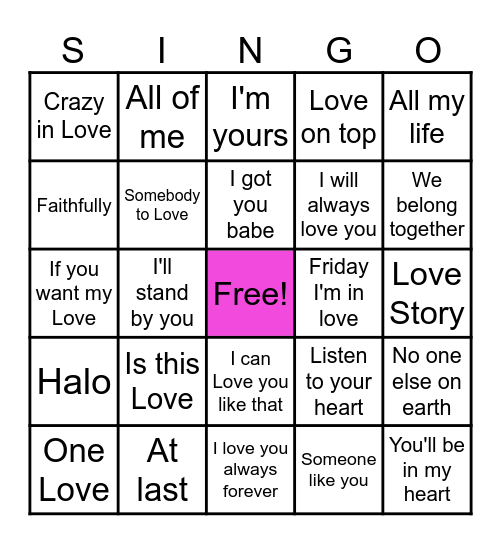 LOVE SINGO GAME 4 Bingo Card
