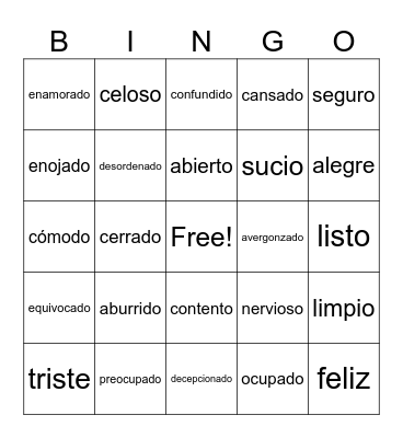 Emotions and Conditions Bingo Card