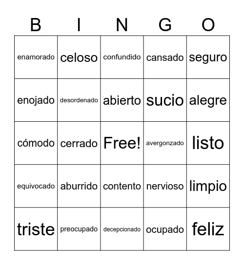 Emotions and Conditions Bingo Card