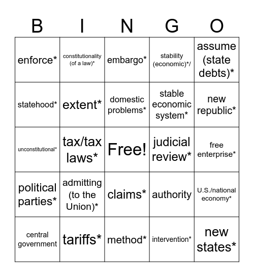 Academic Vocabulary --Early Republic Bingo Card