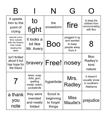 To Kill a Mockingbird Chapters 7-8 Bingo Card