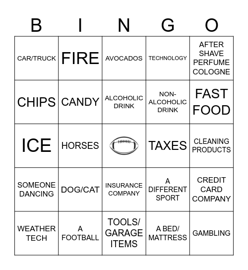 SUPERBOWL COMMERCIAL BINGO Card