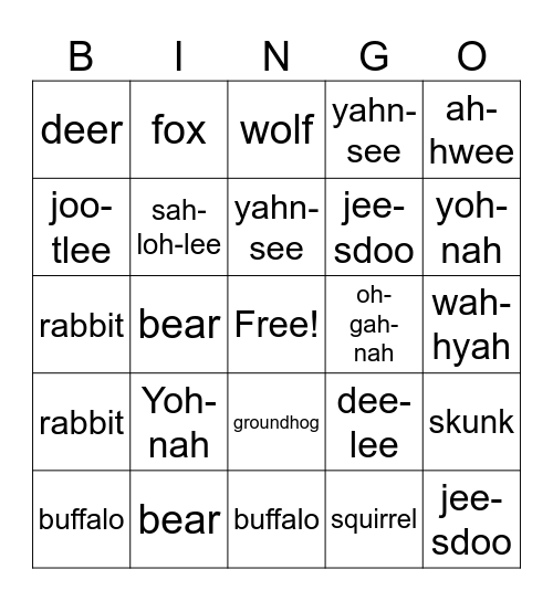 Animals:  Wildlife Bingo Card