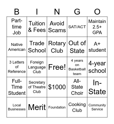 Scholarship Bingo Card