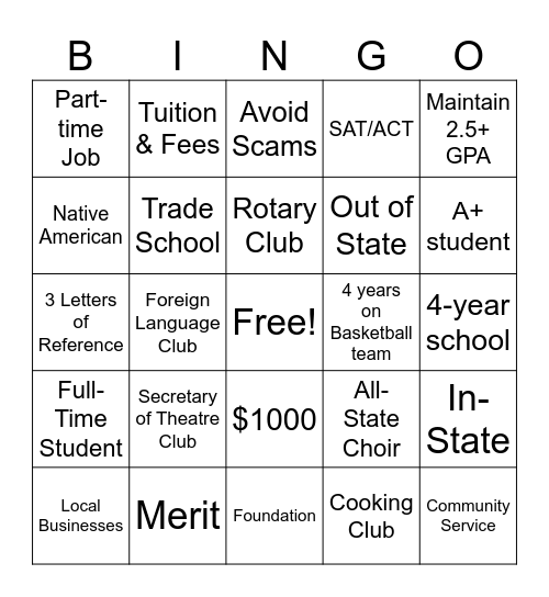 Scholarship Bingo Card