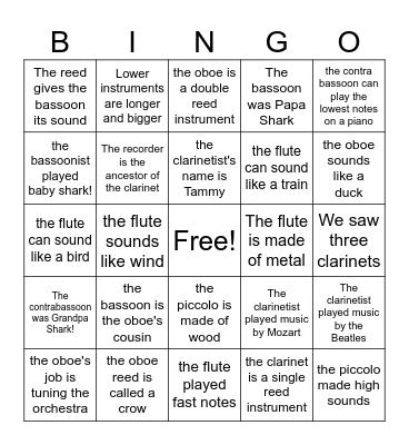 Woodwind Bingo Card
