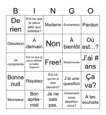 French Vocabulary Bingo Card