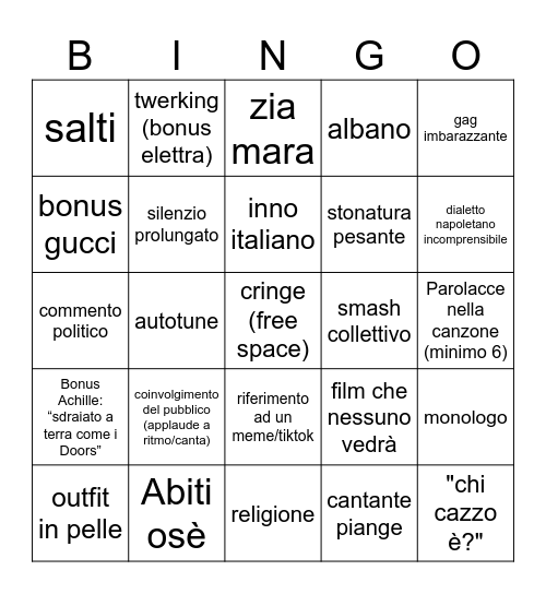 Sanremobingo 2024 Bingo Card