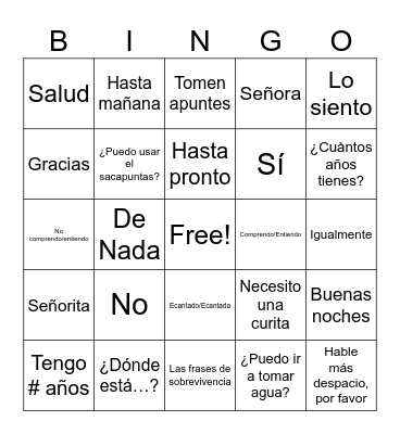 Spanish Vocabulary Bingo Card