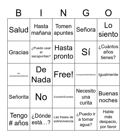 Spanish Vocabulary Bingo Card