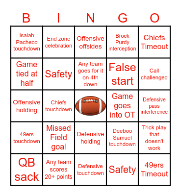 49ers vs Chiefs Super Bowl Bingo Card