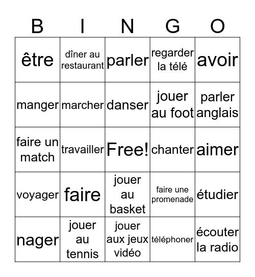 verbs er faire avoir etre Bingo Card