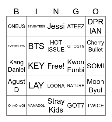 KPop Artists Bingo Card