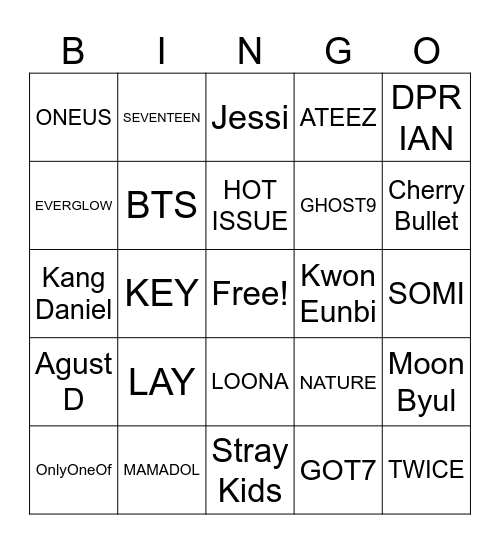 KPop Artists Bingo Card