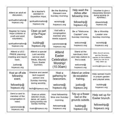 Hope UCC Lent Bingo Challenge Bingo Card