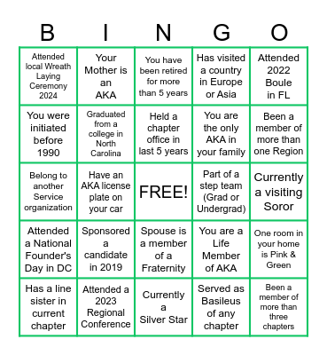 ALPHA KAPPA ALPHA SORORITY Bingo Card