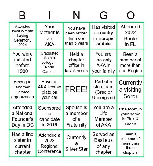 ALPHA KAPPA ALPHA SORORITY Bingo Card