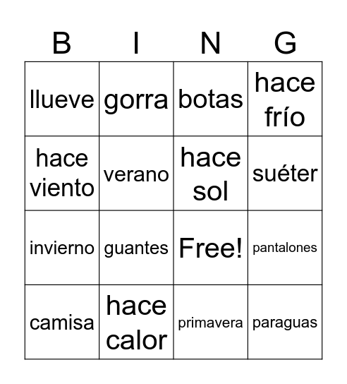 Spanish review Bingo Card