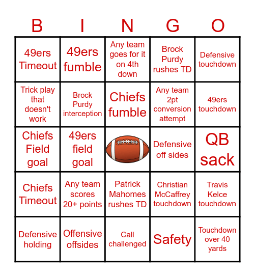 49ers vs Chiefs Super Bowl Bingo Card